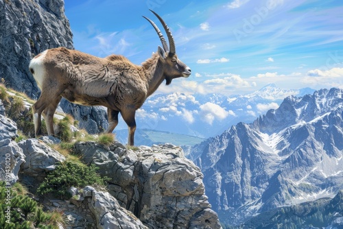 A beautiful alpine ibex standing on a rocky cliffside, overlooking a stunning mountain landscape