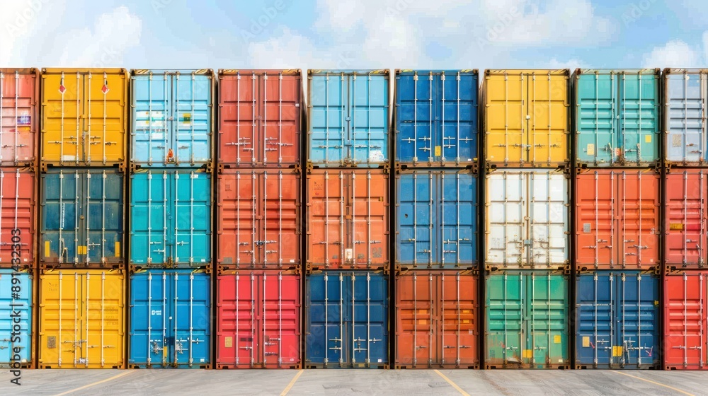 Fototapeta premium Towering Stack of Cargo Containers in Shipping Yard, Generative Ai