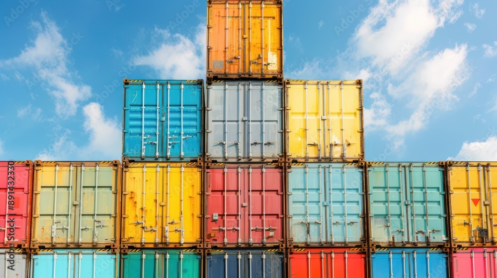 Fototapeta premium Towering Stacks of Cargo Containers in a Busy Shipping Yard, Generative Ai