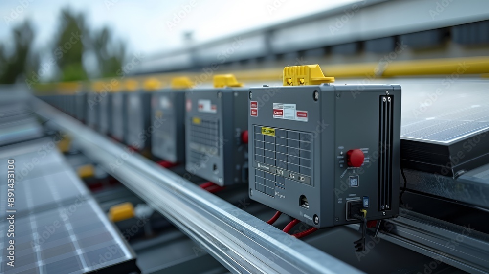 Technician performing a routine check on solar panel inverters on the roof, ensuring proper energy conversion Technician performing a routine check on solar panel inverters on the roof, ensuring proper energy conversion