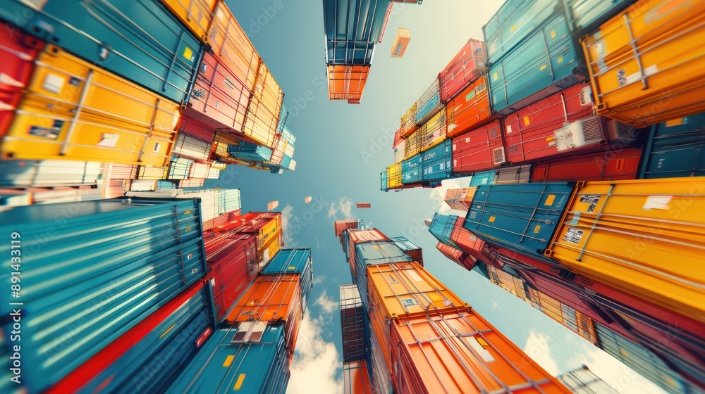 Fototapeta premium Futuristic Shipping Yard with Stacked Cargo Containers - 3D Render, Generative Ai