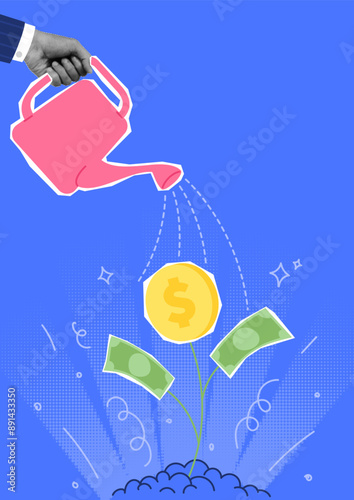 Concept poster of investment or financial growth. Wealth profit growth, earning increase, increase earning profit, capital gain. Vector collage with hand of businessman watering growing money plant.