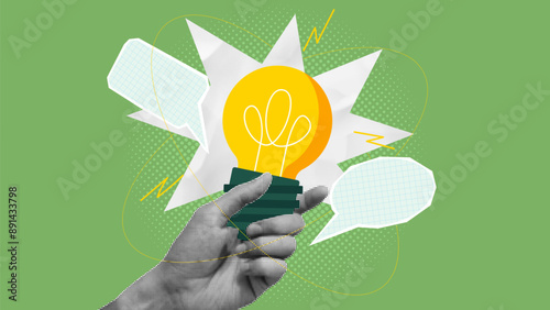 Concept of creative idea or brainstorm. Halftone hand shows bulb. Vector illustration with paper cut out elements. Business success, strategy concept. Retro poster or banner. Creative trend collage.
