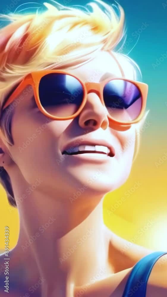 beautiful woman in sunglasses happily smiles on vacation in retro vintage comic book cartoon drawing poster style -4k 9x16 vertical stock video footage video AI beautiful woman in sunglasses happily smiles on vacation in retro vintage comic book cartoon drawing poster style -4k 9x16 vertical stock video footage video AI