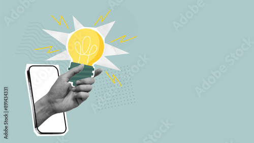 Creative idea or brainstorm concept. Halftone hand coming out of phone and holding bulb. Vector illustration with paper cut out elements. Retro poster or banner. Creative trend collage.