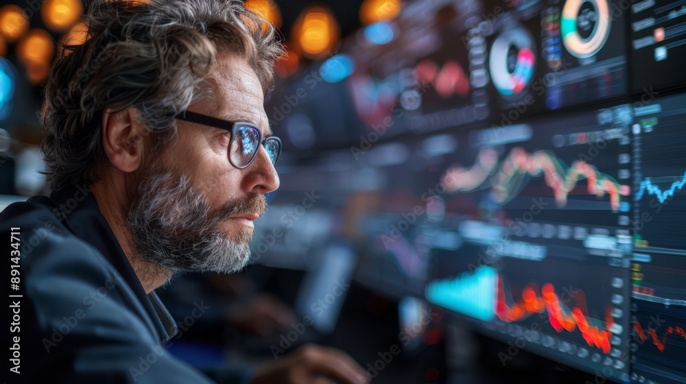 Obraz premium A trader discussing market trends, comparing trading graphs on large computer screens in a collaborative environment