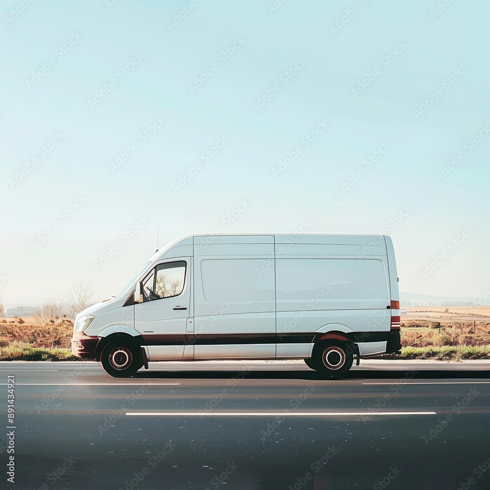 modern delivery fleet sleek white van cruising on an open road embodying efficiency and logistics in a minimalist design against a clear sky backdrop modern delivery fleet sleek white van cruising on an open road embodying efficiency and logistics in a minimalist design against a clear sky backdrop