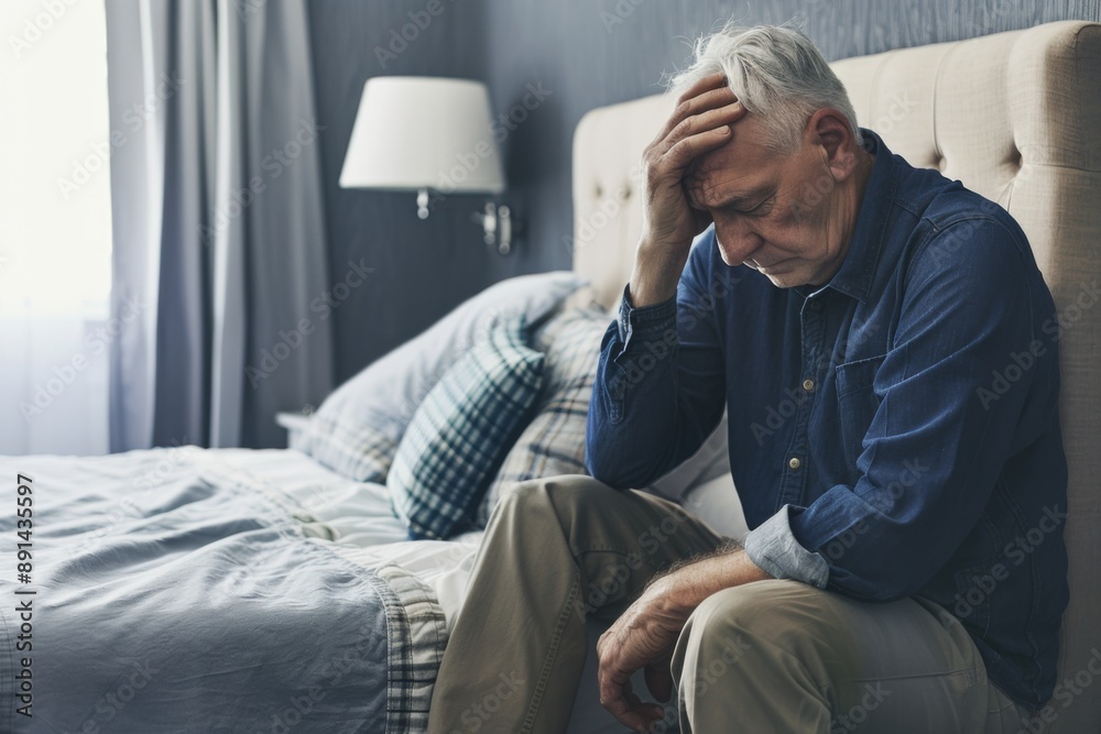 An Elderly Man's Melancholy Moment in a Quiet Bedroom An Elderly Man's Melancholy Moment in a Quiet Bedroom