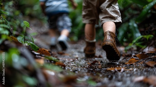 Two children in waterproof gear navigate a rain-soaked forest trail, capturing the essence of childhood exploration and resilience amidst a lush, wet environment. photo
