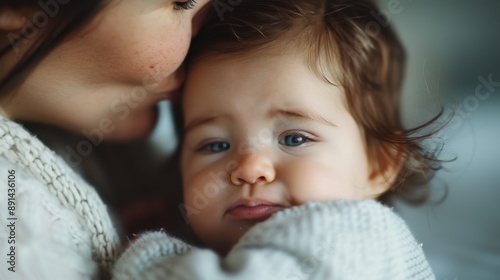 A close-up image of a baby being lovingly cuddled, showing a tender and emotional moment. The infant's expression is soft, nestled against a warm, comforting embrace.