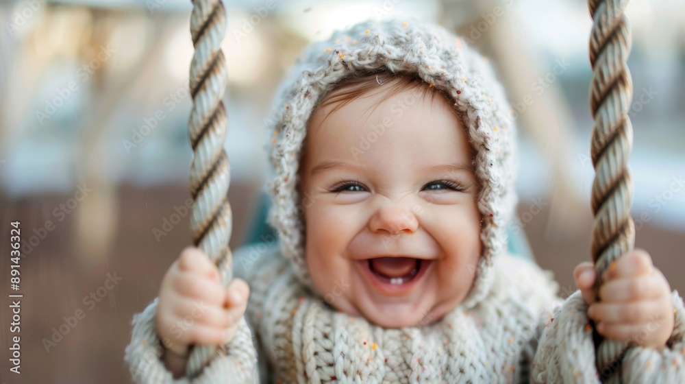 A joyful baby with a big smile enjoying a swing ride, dressed warmly in a knitted hat and sweater, exuding warmth and happiness in an outdoor setting. A joyful baby with a big smile enjoying a swing ride, dressed warmly in a knitted hat and sweater, exuding warmth and happiness in an outdoor setting.