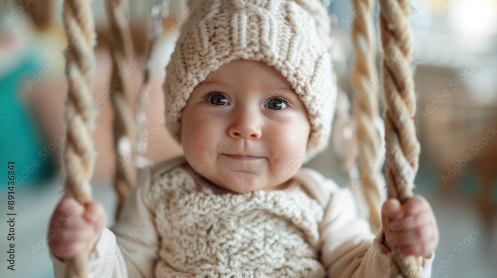 An adorable baby with focused expression, wearing a knitted hat and sweater, firmly holding onto swing ropes, showcasing warmth, innocence, and concentration. An adorable baby with focused expression, wearing a knitted hat and sweater, firmly holding onto swing ropes, showcasing warmth, innocence, and concentration.