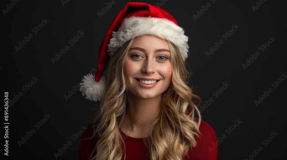 Smiling Woman in Santa Hat Celebrating Christmas against Black Background Smiling Woman in Santa Hat Celebrating Christmas against Black Background