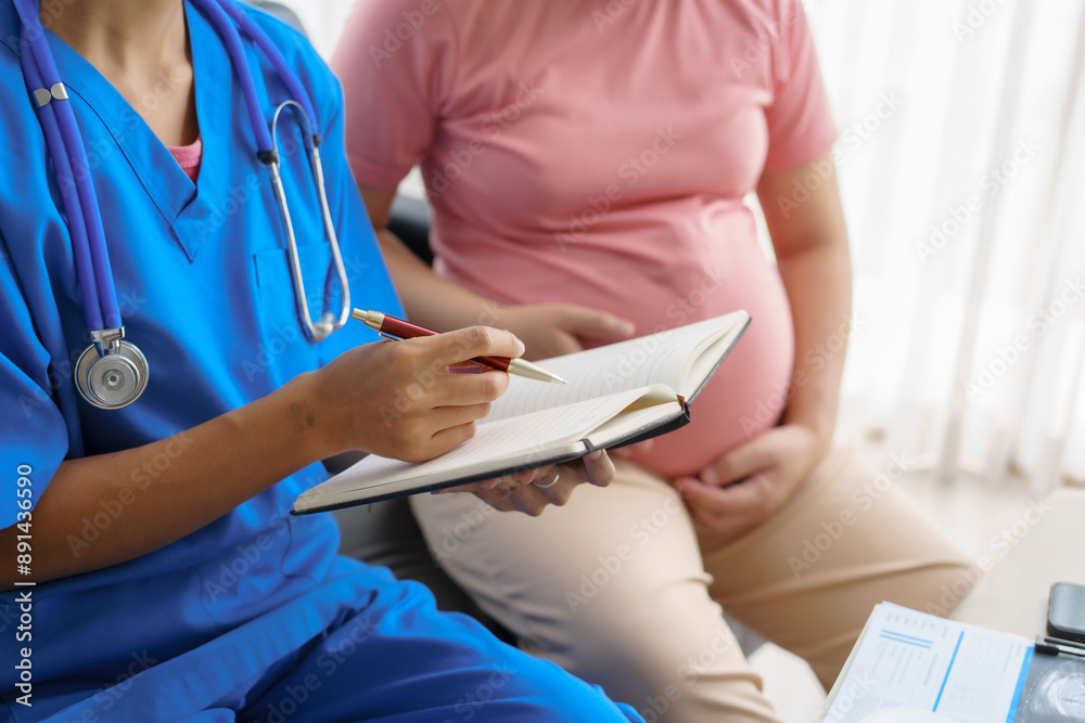 Pregnant mothers meet the nurse at the clinic as scheduled, reviewing their medical history and discussing symptoms. Sitting on the sofa, they report headaches, nausea, and back pain to the nurse. Pregnant mothers meet the nurse at the clinic as scheduled, reviewing their medical history and discussing symptoms. Sitting on the sofa, they report headaches, nausea, and back pain to the nurse.