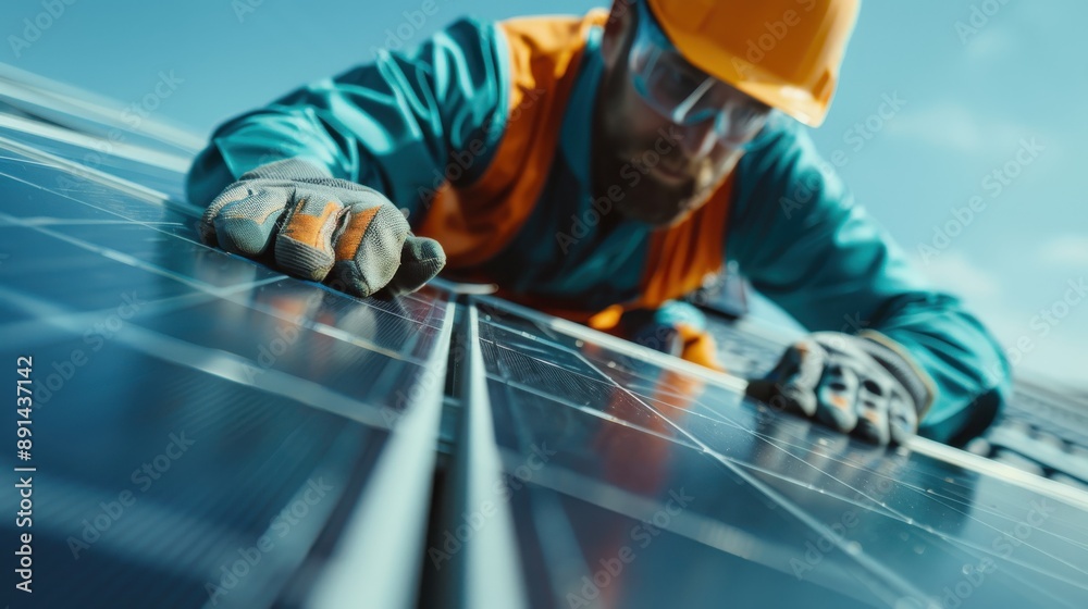 A focused worker in a helmet and gloves installing solar panels under a bright blue sky, highlighting the importance of renewable energy and sustainable practices. A focused worker in a helmet and gloves installing solar panels under a bright blue sky, highlighting the importance of renewable energy and sustainable practices.