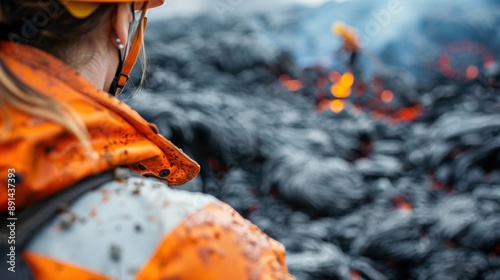 This image captures volcanologists clad in orange protective suits, diligently observing the active flow of lava, showcasing their bravery and contribution to geological studies in high-risk environm photo