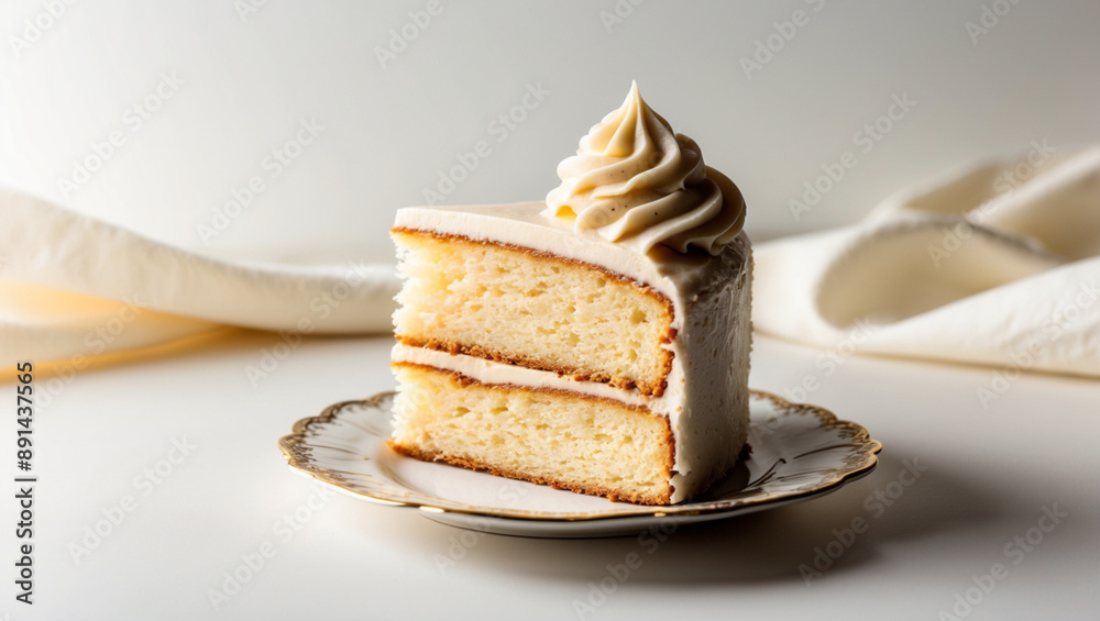 A Slice of Vanilla Bean Cake with Vanilla Bean Frosting on an Ornate Plate A Slice of Vanilla Bean Cake with Vanilla Bean Frosting on an Ornate Plate