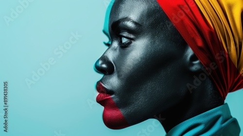 A stylistic profile shot of an individual wearing a headwrap in vibrant colors, set against a contrasting background. The image represents cultural beauty and individuality.