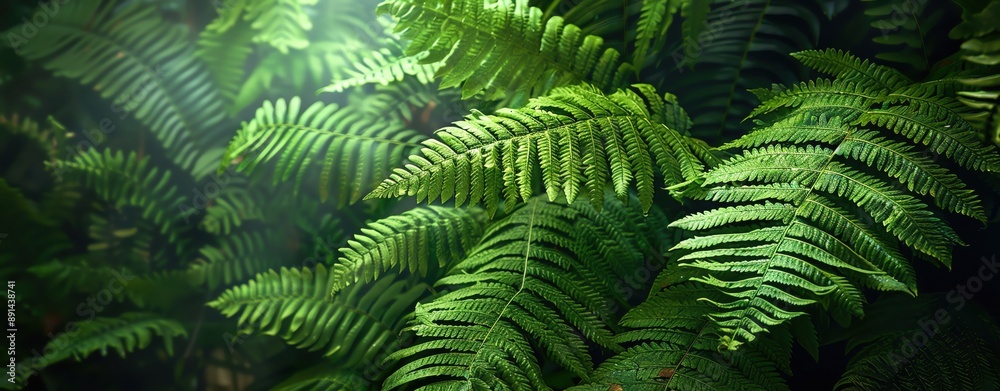 Close-up of green ferns in a rainforest, intricate and lush, perfect for advertising with ample copy space Close-up of green ferns in a rainforest, intricate and lush, perfect for advertising with ample copy space