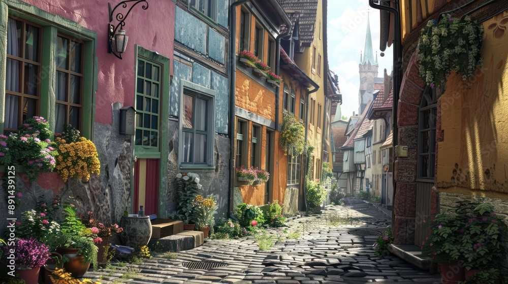 Colorful Alleyway in a German Town Generative AI Colorful Alleyway in a German Town Generative AI