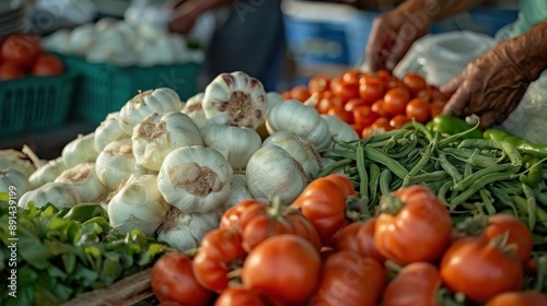 A close-up view of a market stand filled with fresh tomatoes, garlic, and green beans, depicting a vibrant and abundant selection of local produce ready for purchase. photo