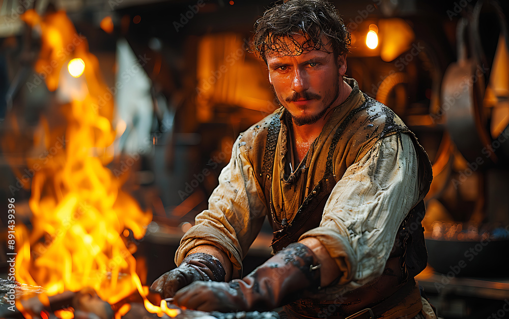 Obraz premium Expert Medieval Blacksmith Crafting with Forge Flame