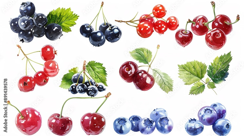 A white background with fresh, red cherries and green leaves scattered across the surface. Generative AI A white background with fresh, red cherries and green leaves scattered across the surface. Generative AI