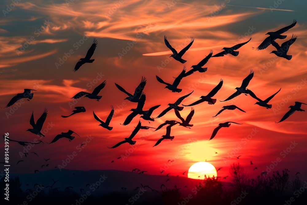 Majestic Sunset with Silhouetted Birds in Flight Majestic Sunset with Silhouetted Birds in Flight