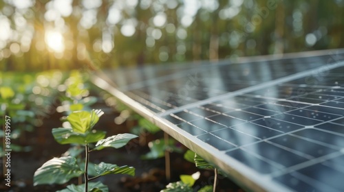 A photograph depicting solar panels in an agricultural field during sunrise, illustrating the harmony between renewable energy technology and the natural environment at dawn. photo