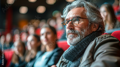 Focused Mature Student Engrossed in Taking Notes During Stimulating Lecture