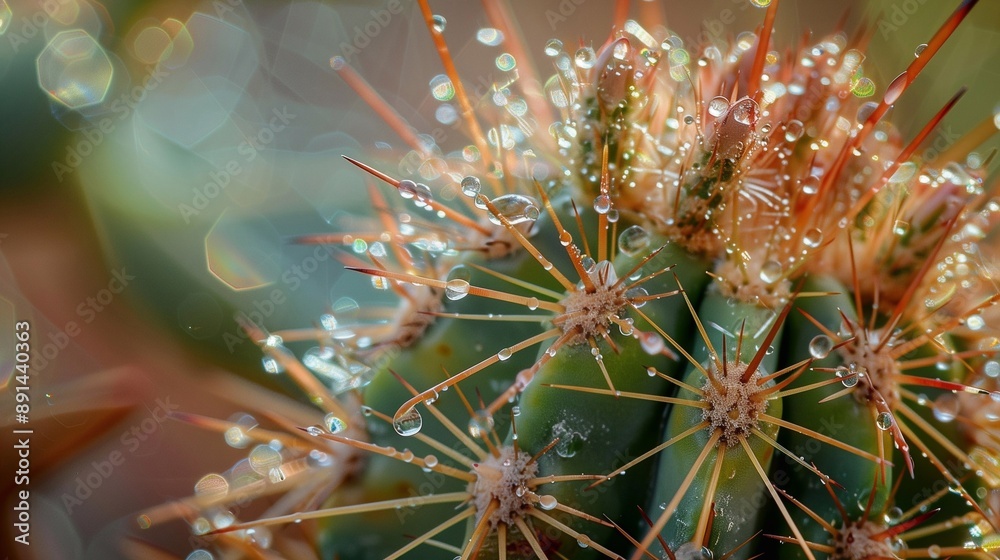 Fototapeta premium The droplets act as tiny magnifying glasses, distorting and reflecting the surroundings in a mesmerizing way, The contrast between the sharp, orange-tipped spines and the soft.