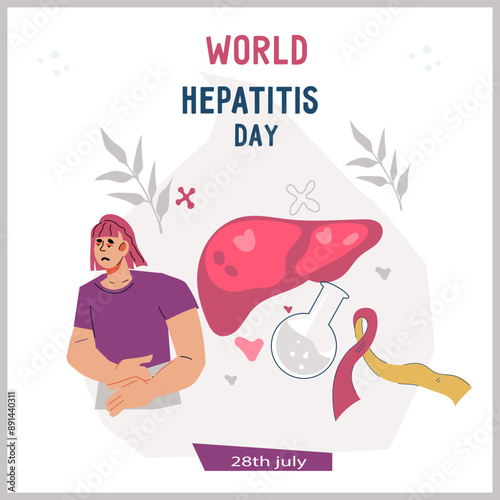 Hepatitis World Awareness Day, liver health concept of flyer or poster, flat vector illustration. Hepatitis liver disease awareness, medical check up.