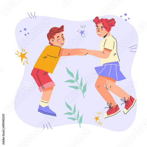 Laughing boy and girl jumping merrily, holding hands, flat vector illustration isolated on white background. Happy jumping children on decorative background.