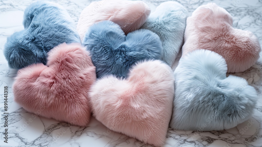 A collection of heart-shaped fluffy cushions in pastel blue and pink A collection of heart-shaped fluffy cushions in pastel blue and pink