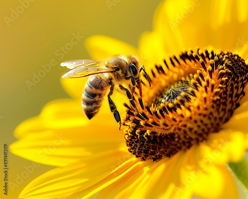 Close up of a bee pollinating a sunflower photo