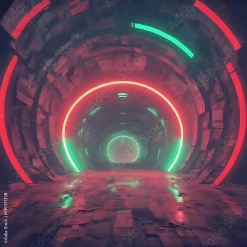 Neon tunnel with Vibrant red and green lights. Mesmerizing darkness.