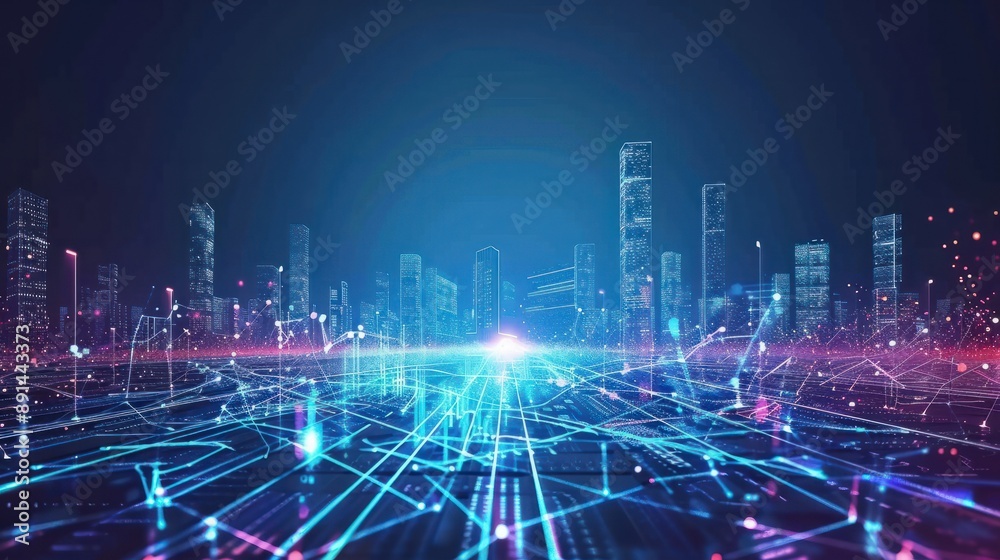 Smart city and abstract polygon pattern connection with speed line light, big data connection technology concept Smart city and abstract polygon pattern connection with speed line light, big data connection technology concept