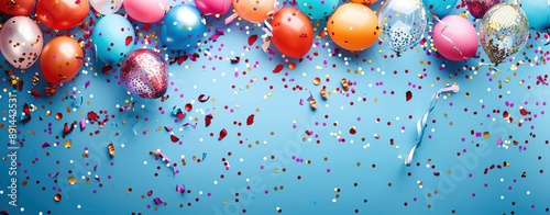 Celebration Theme Background with festive elements like confetti, balloons, or streamers in bright colors. Ensure there is ample space for text.