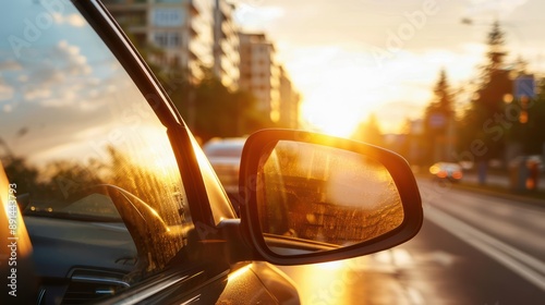 the rear view mirror of a car on the side of the road with the sun reflecting in the rear view mirro. travel concept