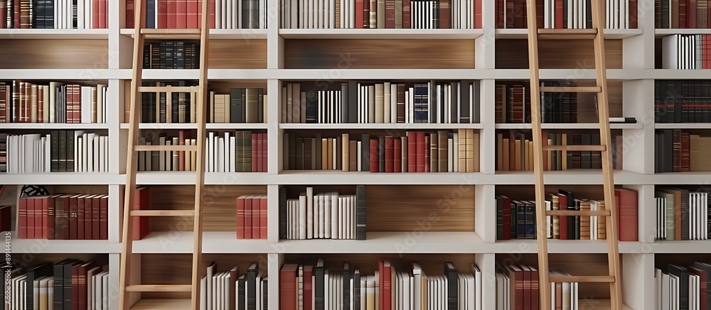 A minimalist library scene featuring neatly arranged shelves filled with books of various sizes and colors, accented by a sleek wooden ladder. A minimalist library scene featuring neatly arranged shelves filled with books of various sizes and colors, accented by a sleek wooden ladder.