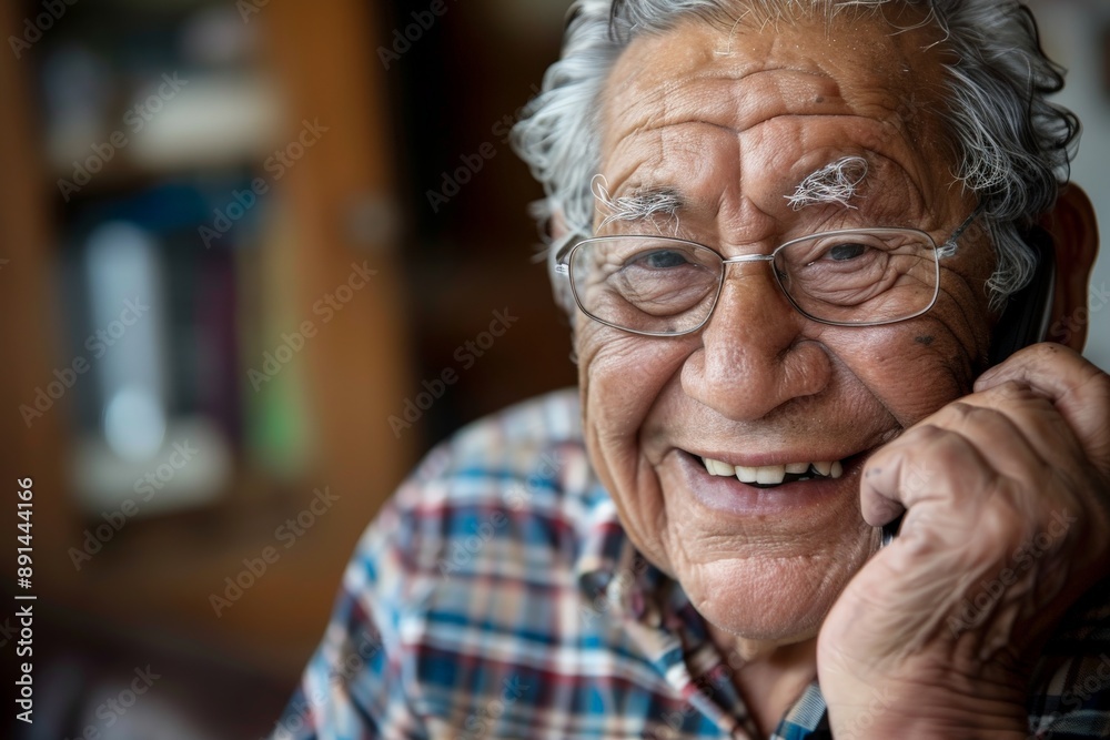 Happy senior man smiling while talking on the phone at home Happy senior man smiling while talking on the phone at home