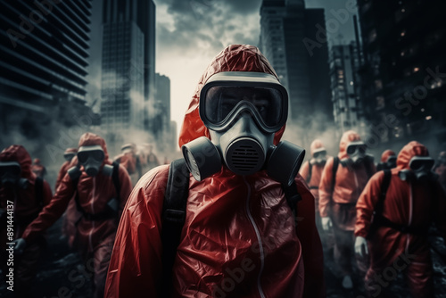 People in Gas Masks and Red Protective Suits Standing Against the Background of Grey, Destroyed Skyscrapers. Post-Apocalyptic Concept. Generative AI