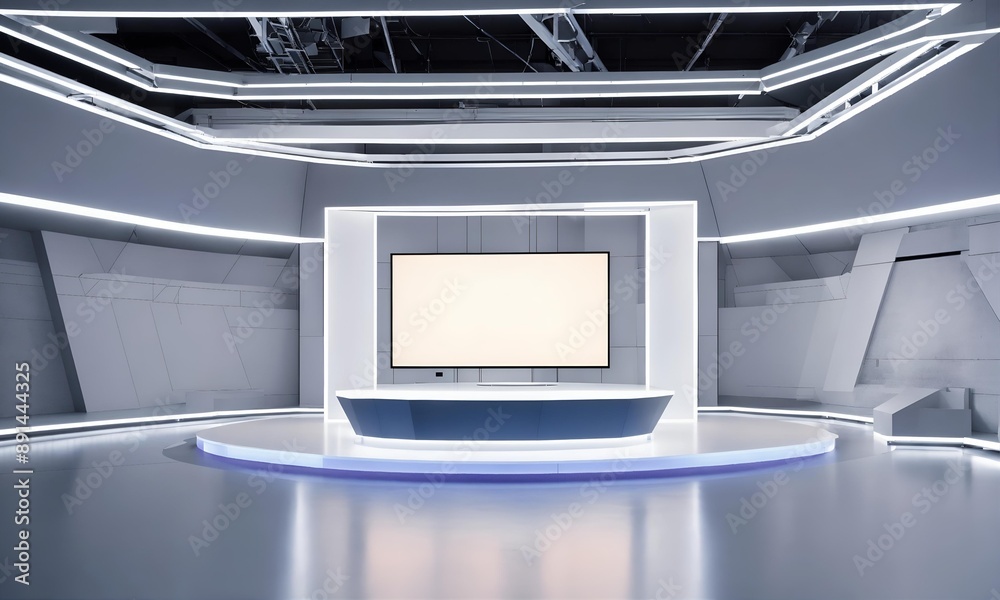 a modern and clean white design of a television studio for a sport program, minimal design, geometric, symetric, lights a modern and clean white design of a television studio for a sport program, minimal design, geometric, symetric, lights