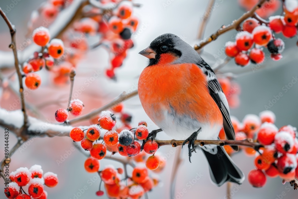 A beautiful close-up of a Eurasian bullfinch feeding on berries, with its bright orange breast standing out. A beautiful close-up of a Eurasian bullfinch feeding on berries, with its bright orange breast standing out.