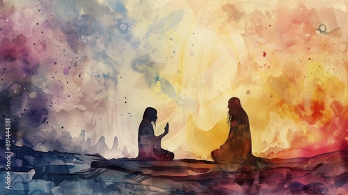 Watercolor illustration for guru purnima with a silhouette of guru blessing a disciple. photo