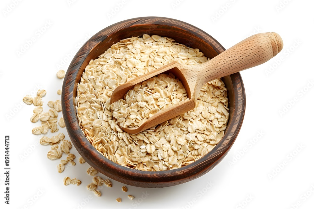 A Rustic Bowl of Oats with a Wooden Scoop A Rustic Bowl of Oats with a Wooden Scoop