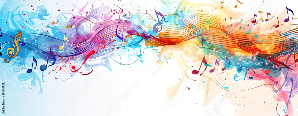 Music Theme Background with elements like musical notes, instruments, or soundwaves in vibrant colors. Ensure there is ample space for text. Music Theme Background with elements like musical notes, instruments, or soundwaves in vibrant colors. Ensure there is ample space for text.
