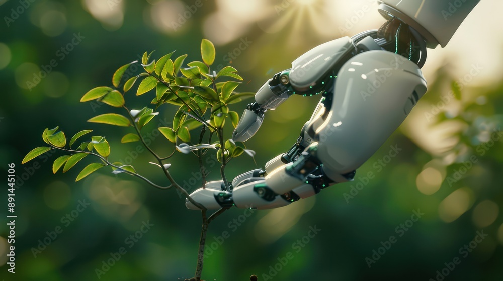 © Johannes - A futuristic robotic AI hand gently planting a small tree, set against a soft green bokeh background to emphasize environmental innovation © Johannes - A futuristic robotic AI hand gently planting a small tree, set against a soft green bokeh background to emphasize environmental innovation