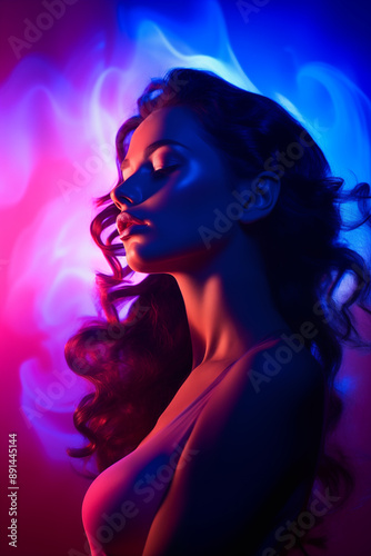 Silhouette of Attractive Woman with Vibrant Pink and Blue Lighting. Generative AI