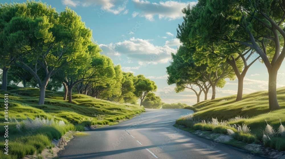A winding road symbolizing the journey to success, lined with trees and a clear blue sky, representing the pathway to accomplishment and achievement.